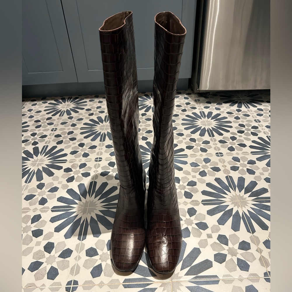 Brand New J Crew High Shaft Willa Boots in Croc-Embossed Leather. Size 10.